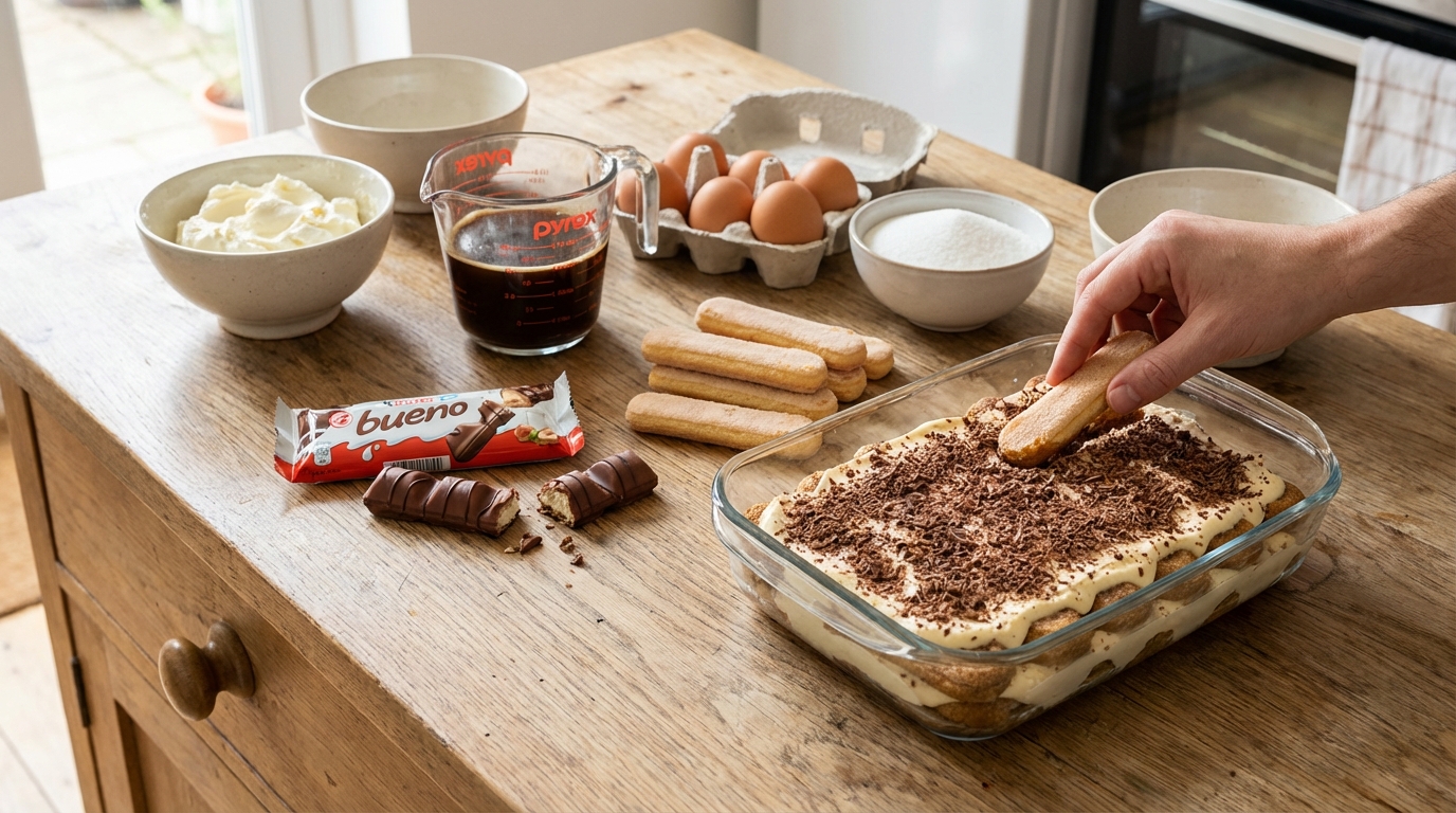 découvrez notre recette simple et rapide pour préparer un tiramisu kinder bueno délicieux, parfait pour surprendre vos invités avec un dessert gourmand et original.