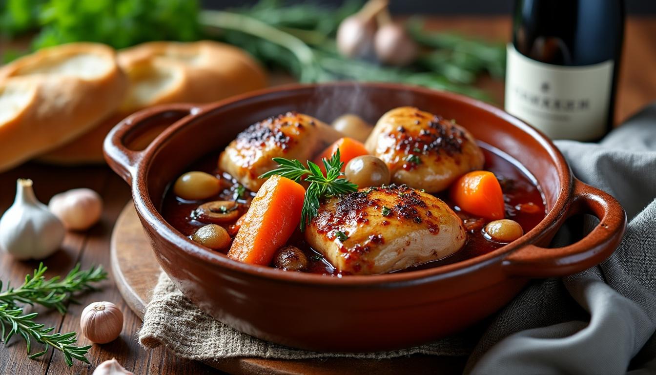 découvrez notre recette simple et authentique du coq au vin, un plat traditionnel français riche en saveurs, parfait pour un repas convivial.