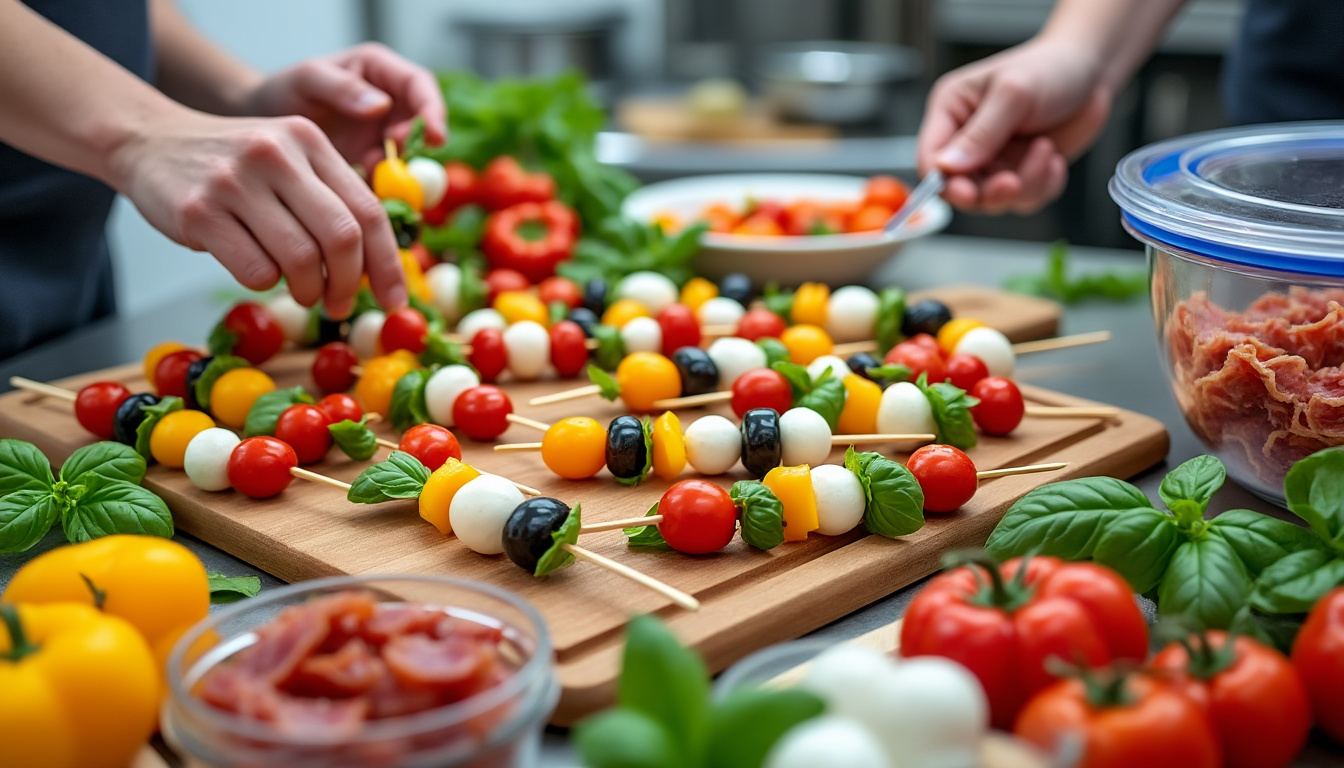 préparez vos brochettes apéro la veille pour un gain de temps assuré le jour j et profitez pleinement de vos invités sans stress.